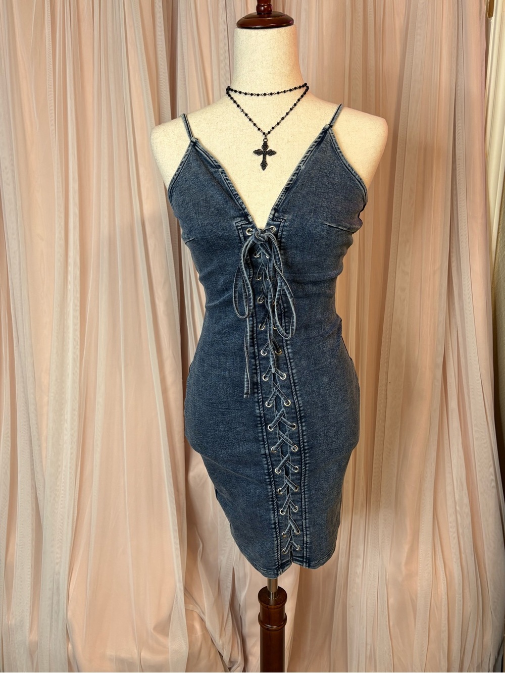 Windsor Denim Lace-Up Bodycon Mini Dress | Y2K | Stretch | Size Small